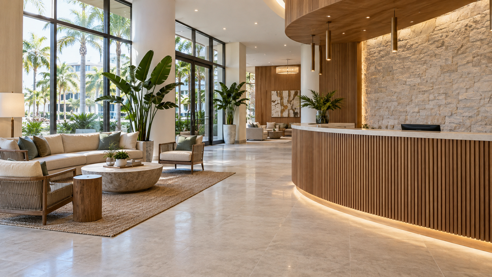 Unbranded hotel lobby with reception desk and lounge seating