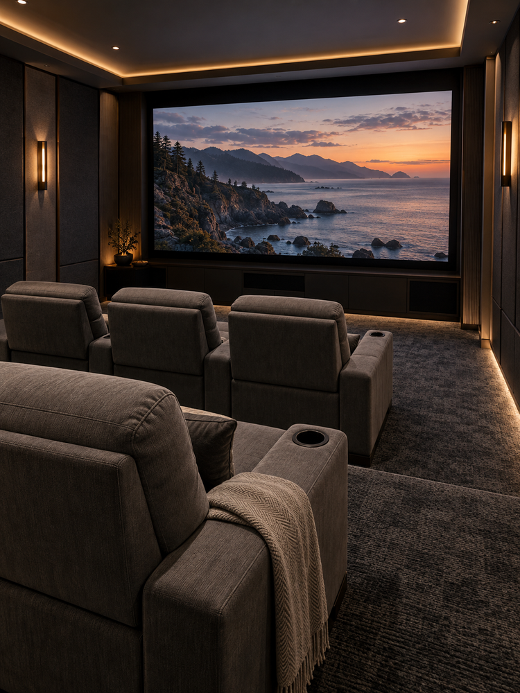 Home theater design concept with charcoal walls and tiered seating