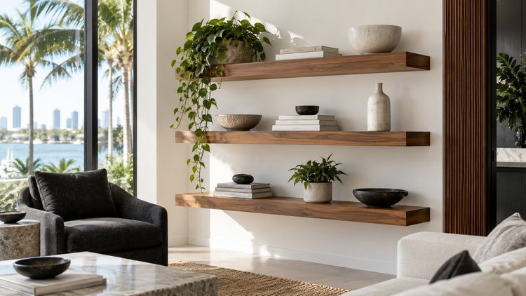 Floating wood display shelves in a bright contemporary living room