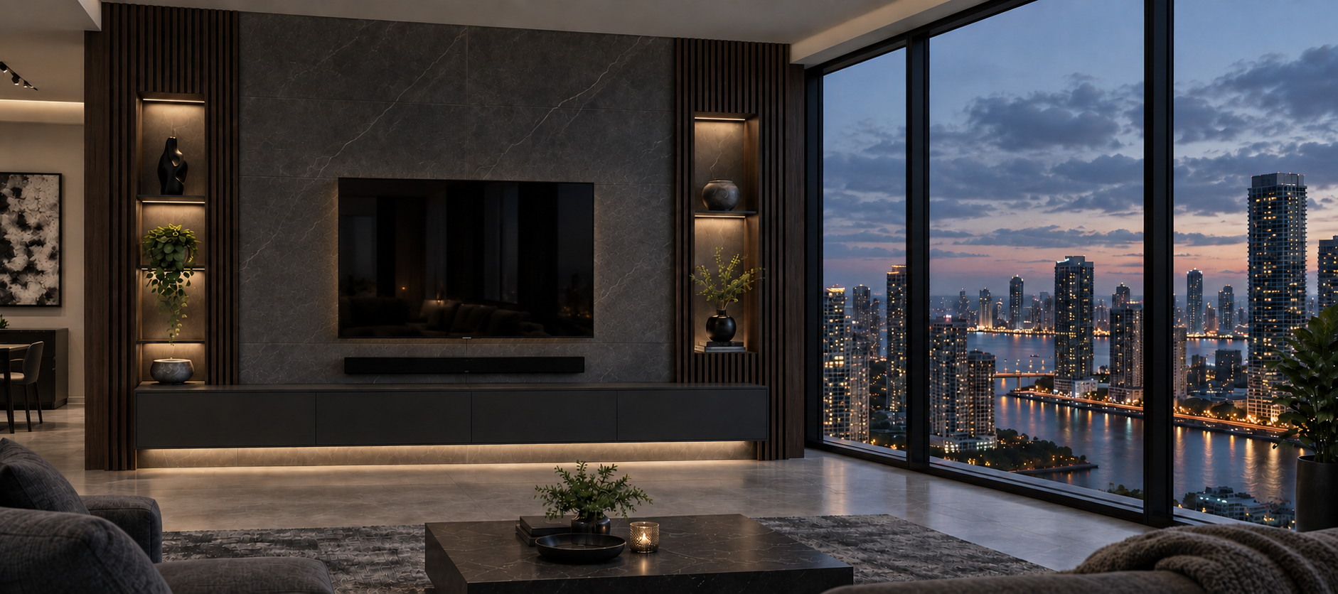 Luxurious modern living room with large windows showing city skyline and river at dusk, with illuminated buildings and clouds in the sky.