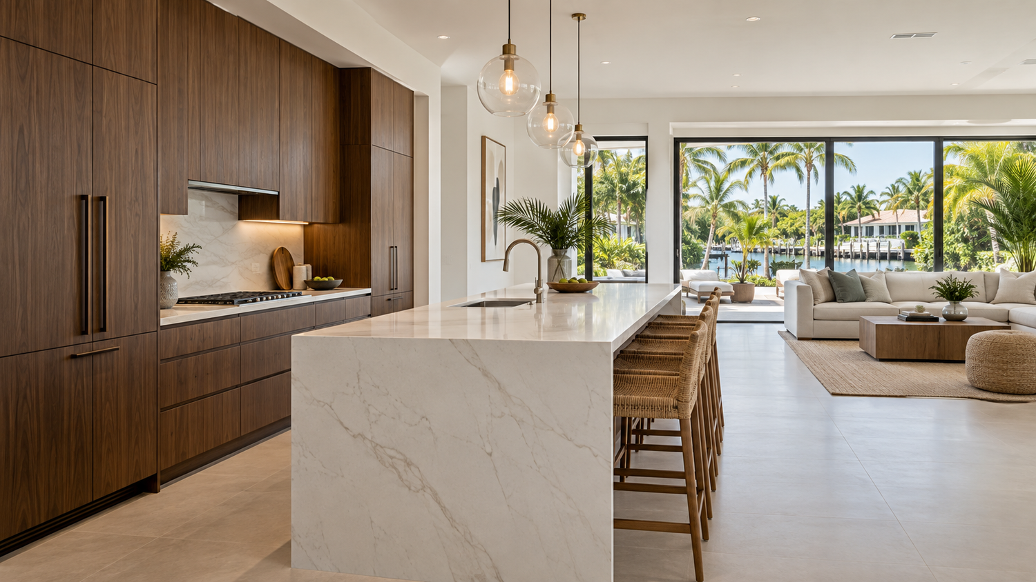 Kitchen and living room design concept with a stone island and walnut cabinetry