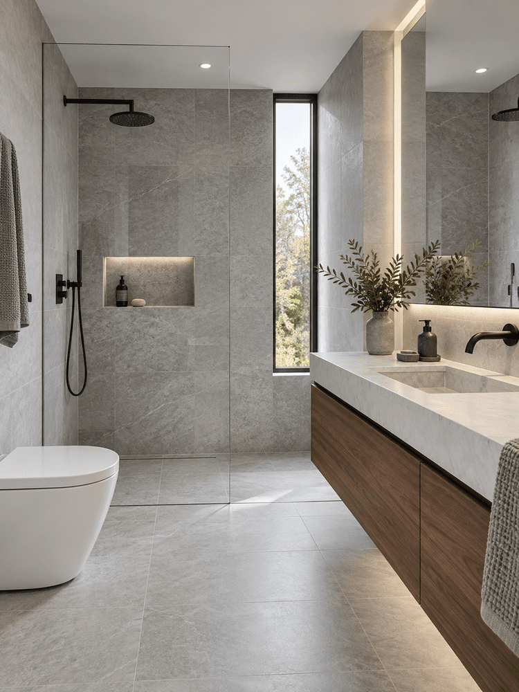 Bathroom design concept with a walk-in shower and floating vanity