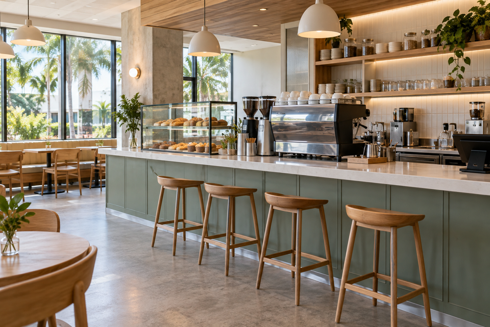 Cafe counter with espresso equipment and seating