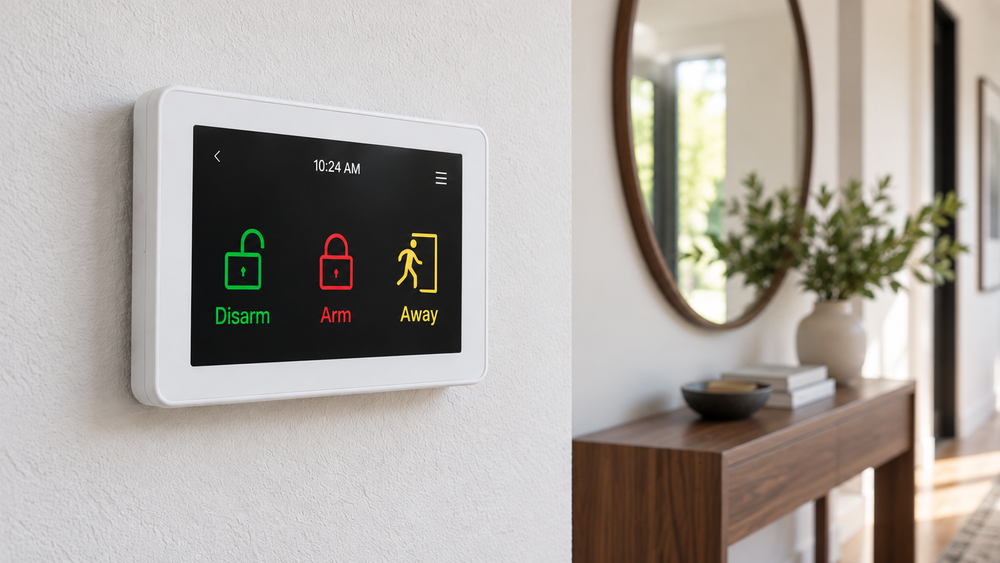 Home alarm keypad mounted indoors with green Disarm, red Arm and yellow Away controls