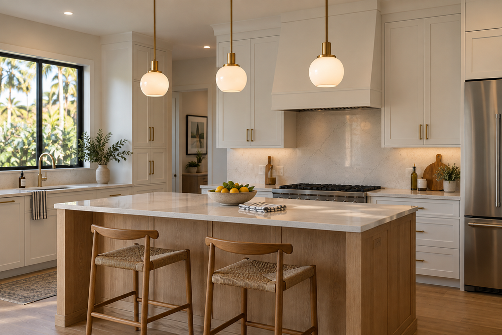 Brass and opal-glass pendant lights above a kitchen island