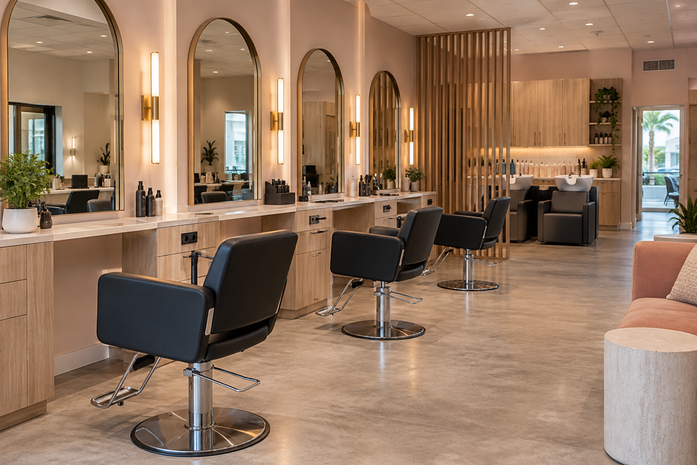 Hair salon with styling chairs, mirrors and built-in storage