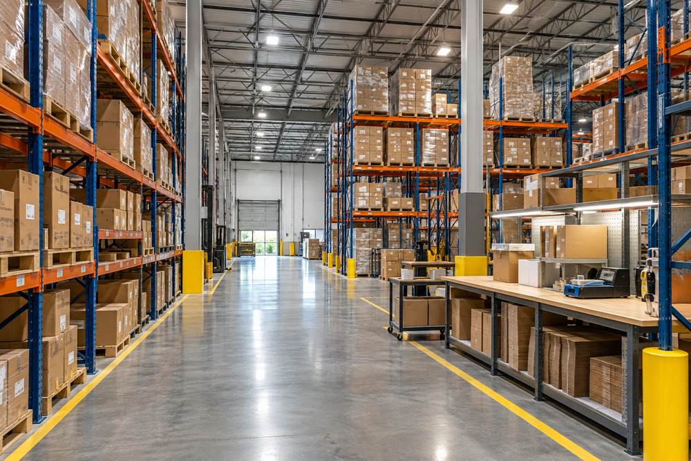 Warehouse storage racks with a clear aisle and packing bench