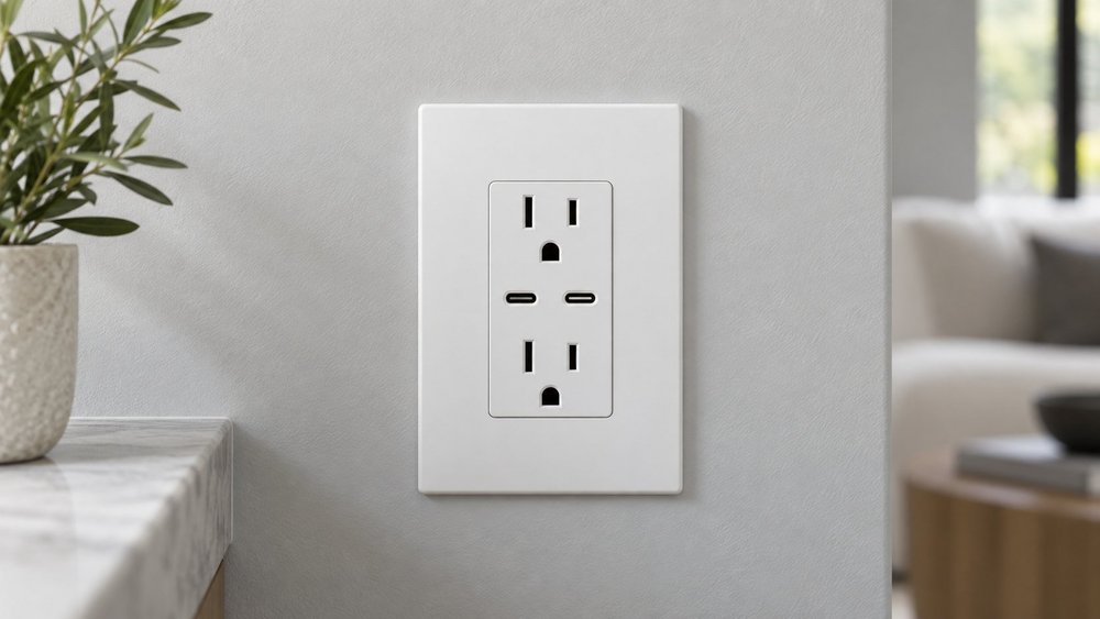 White duplex receptacle with USB-C charging ports
