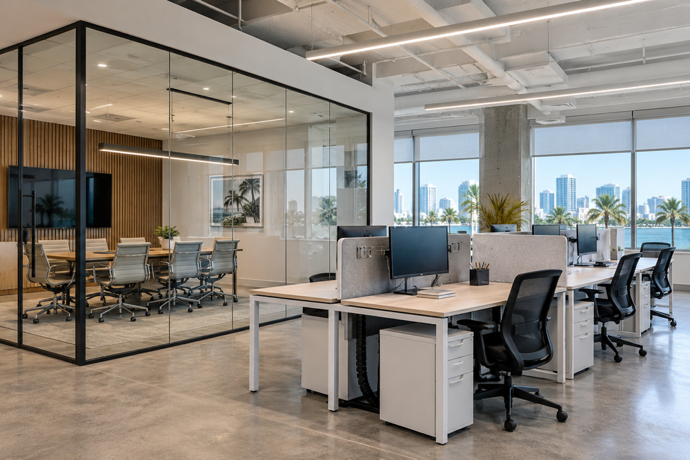Office workspace with glass meeting room and workstations