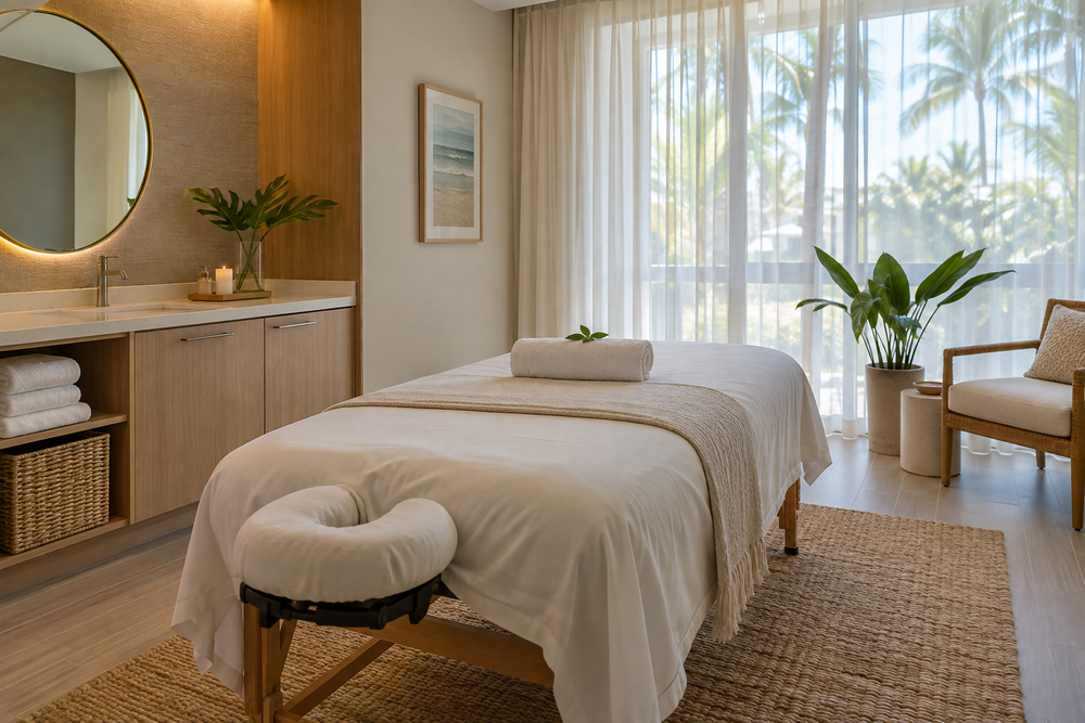 Private spa treatment room with massage table and storage