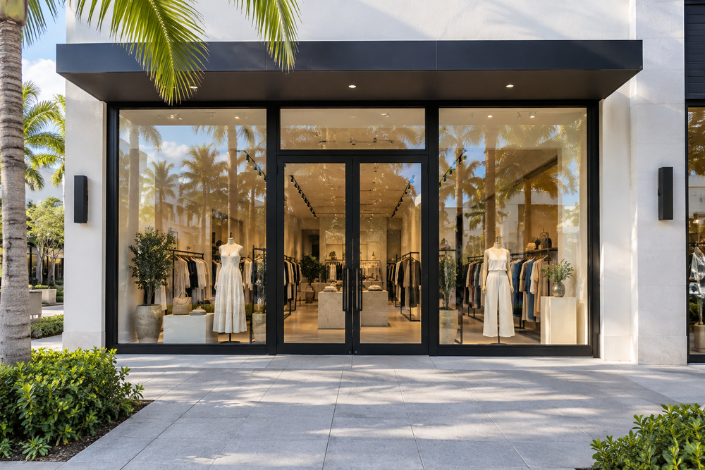 Glass clothing boutique storefront with display windows