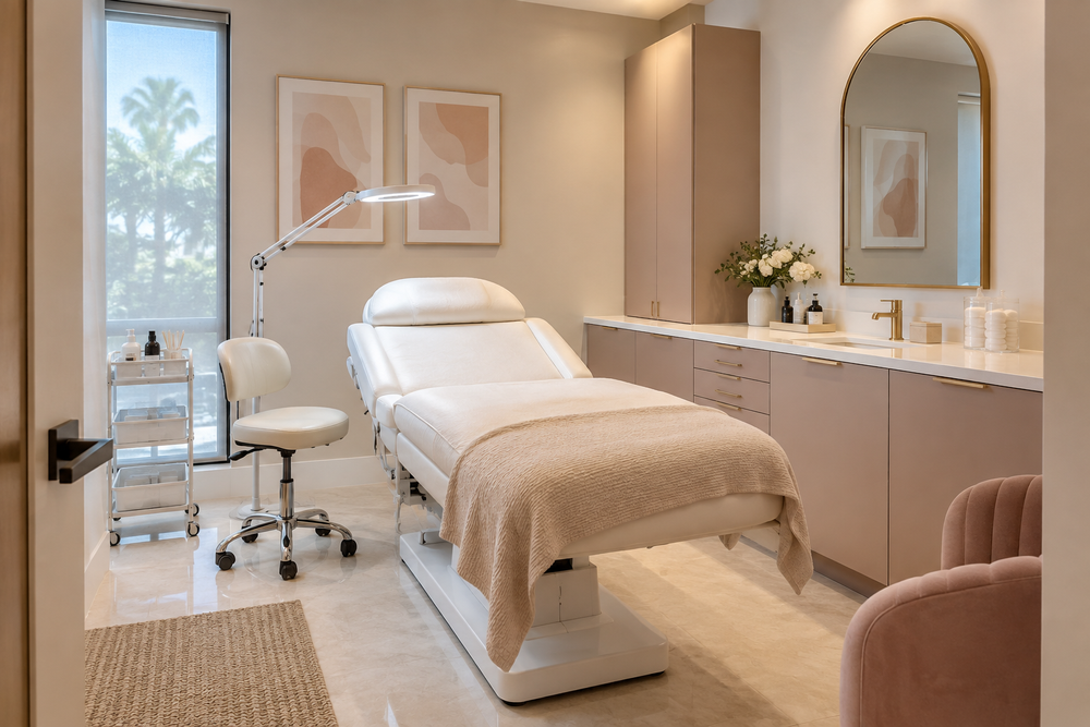 Beauty studio treatment room with adjustable bed and task lighting