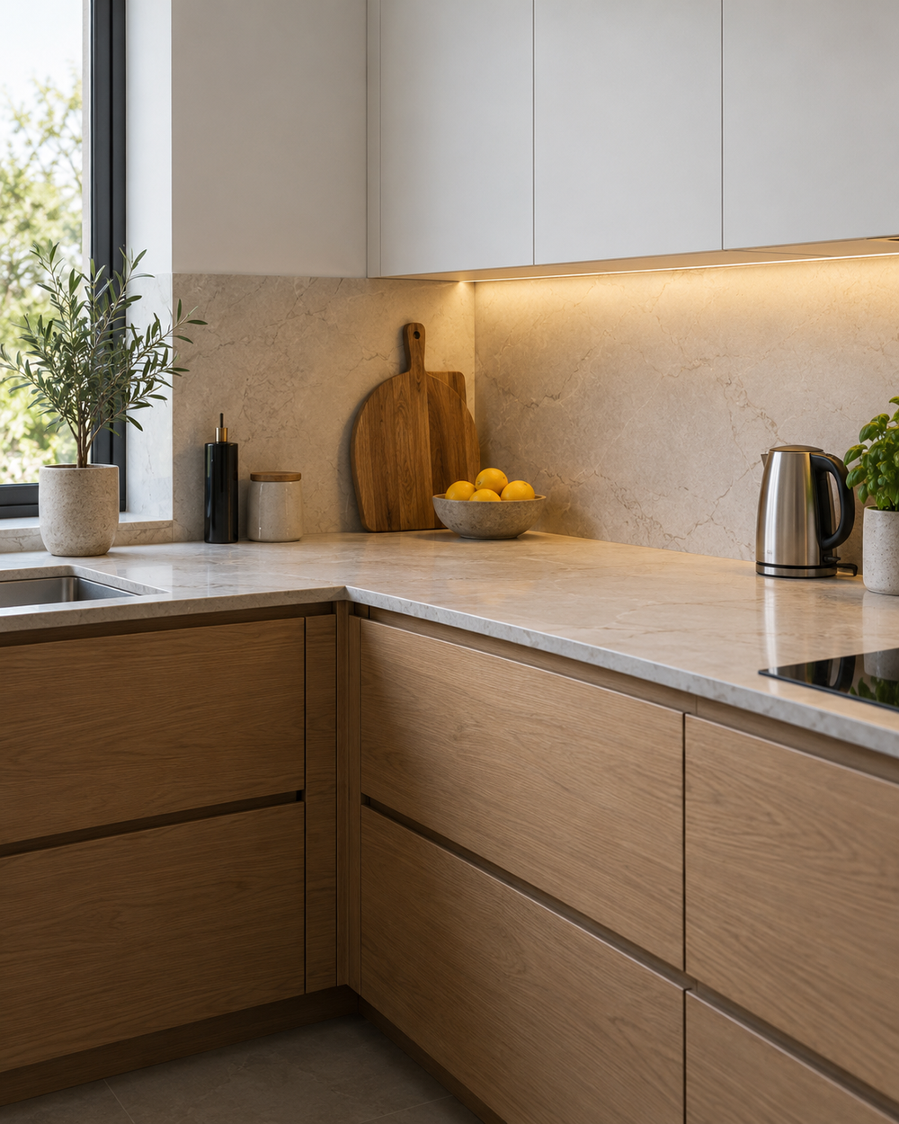 Soft under-cabinet lighting illuminating a kitchen worktop