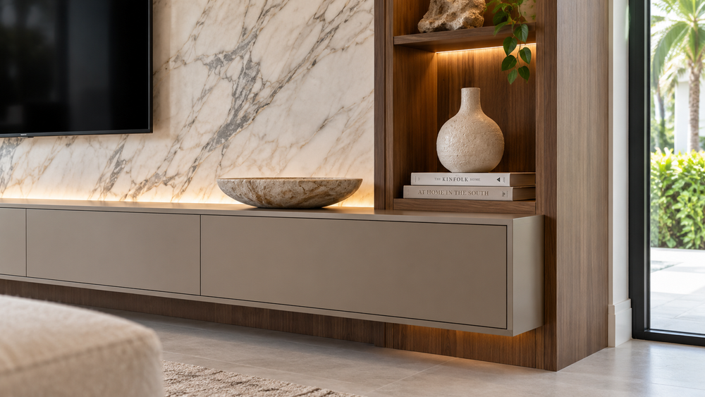 Concept detail of a floating console, marble-look panel, and illuminated display shelving