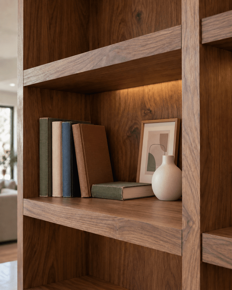 Walnut shelving detail with books, framed art and subtle concealed lighting