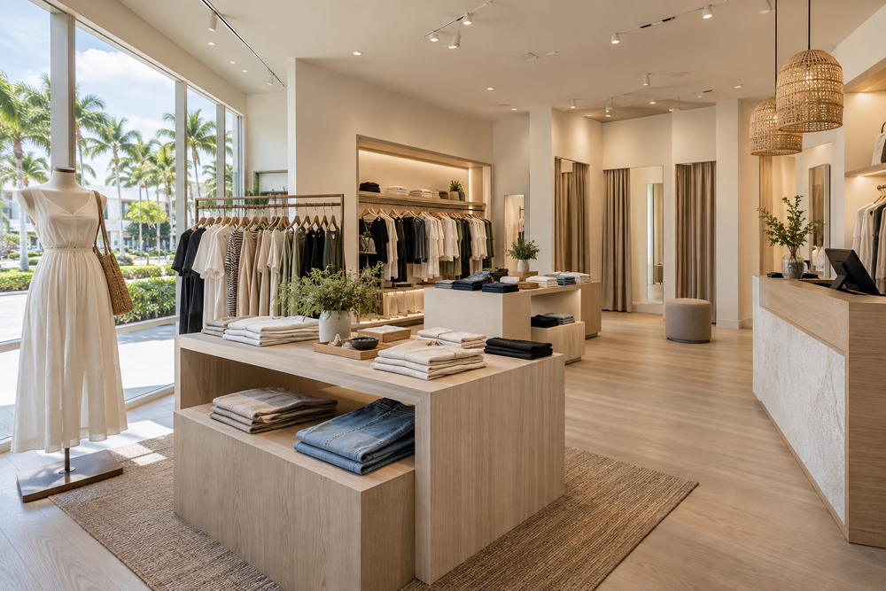 Clothing boutique interior with garment displays and fitting rooms