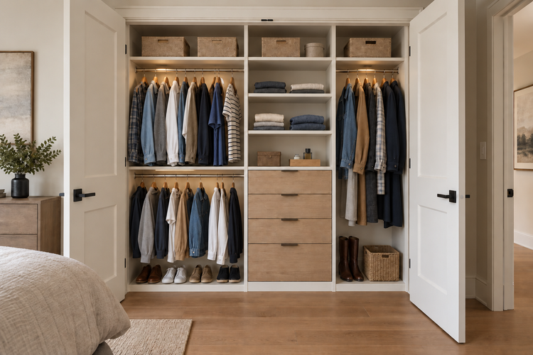 Organized reach-in closet with hanging rails, oak-front drawers and upper storage baskets