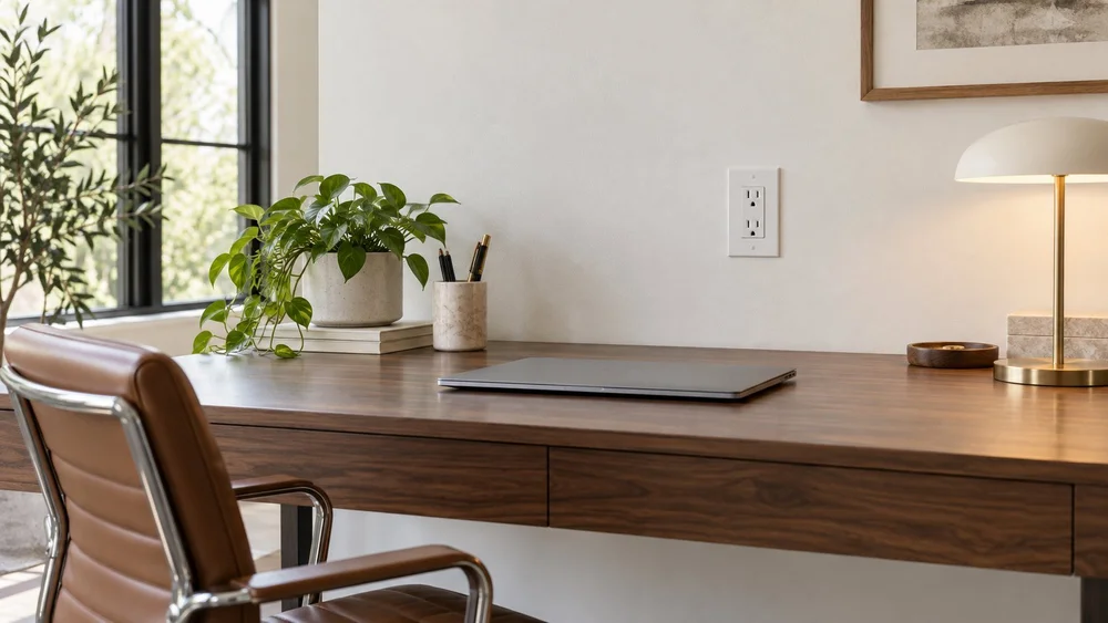 Home office desk with an accessible wall outlet