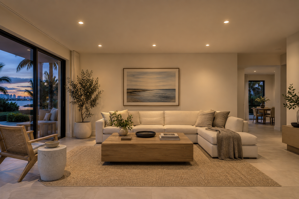 Living room with warm recessed ceiling lighting at dusk