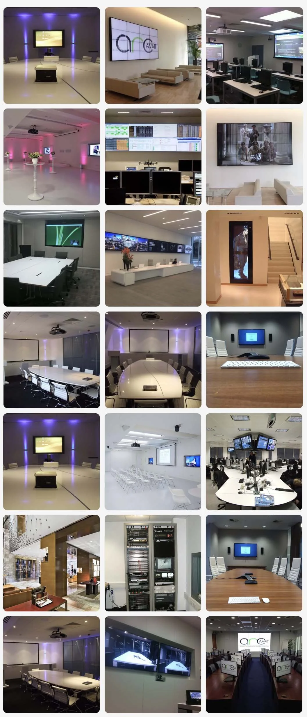 A collage of various office and conference rooms. The top row features rooms with large screens and computer setups, including a modern lounge area with couches, digital displays, and a team working on computers. The middle row has rooms with large conference tables, multiple computer monitors, reception areas, and a stairway. The bottom row shows similar office spaces, connectivity equipment, and additional conference rooms with screens and seating arrangements.