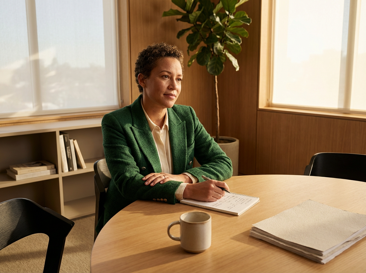 A woman with short curly hair, dressed in a green blazer and white shirt, sitting at a round wooden table, writing in a notepad. There is a large stack of papers and a coffee mug on the table. The room has wooden wall paneling, a potted plant, and windows with a view outside.