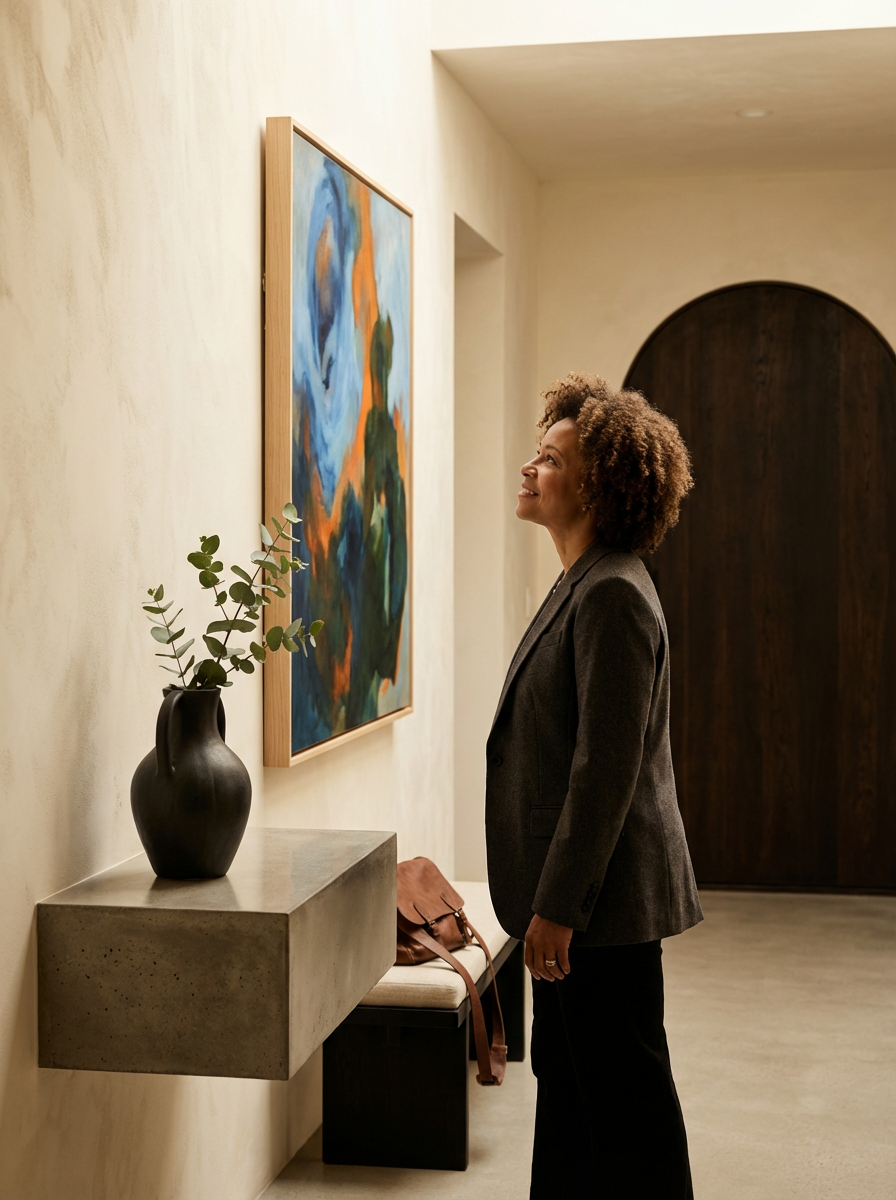 A woman with curly hair in a gray blazer standing in an art gallery, looking at an abstract painting on the wall, with a black vase with green leaves on a concrete ledge and a bench with a brown bag underneath.
