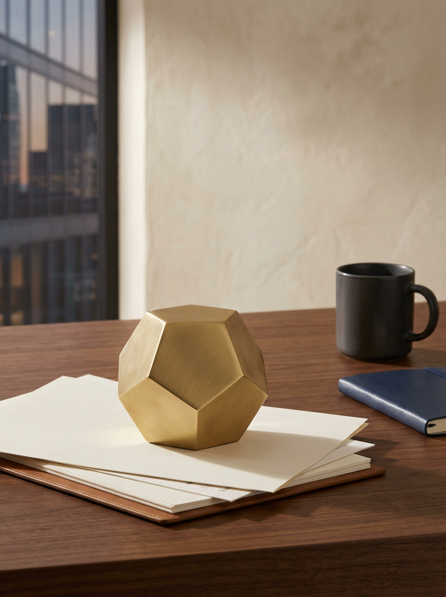 A geometric, brass-colored dodecahedron sculpture resting on a stack of blank white papers on a wooden desk. In the background, there is a black ceramic mug and a closed blue notebook. A window with a view of a building is partially visible on the left side.