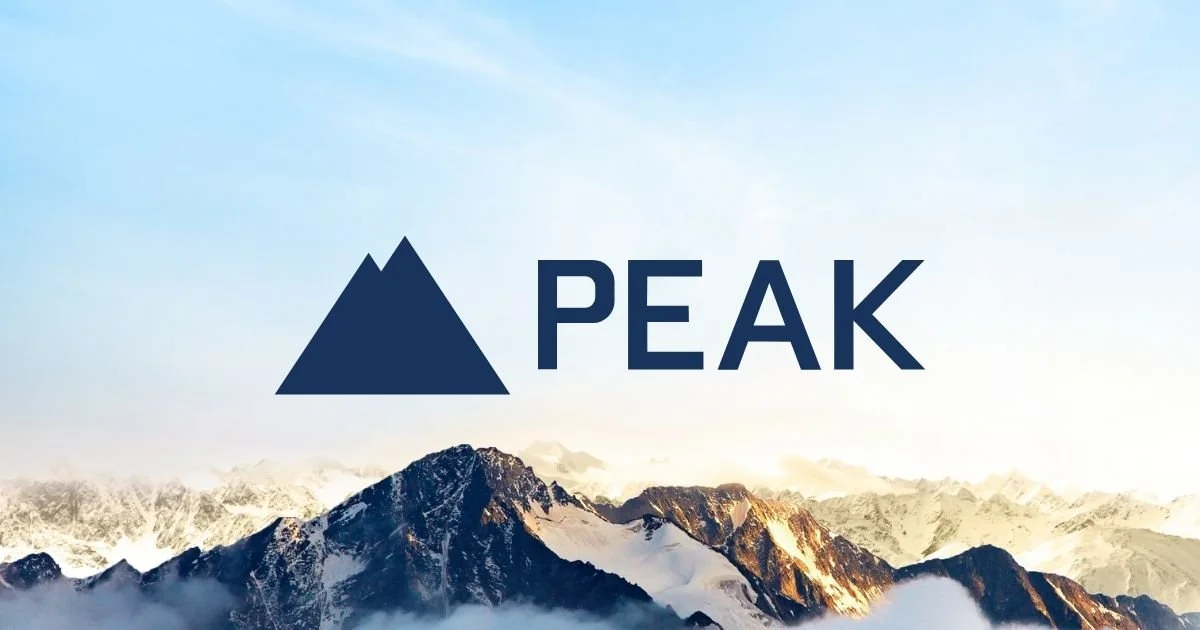 Illustration of a mountain with the word 'PEAK' and a mountain icon above it, superimposed over a mountain range background with snow-capped peaks.