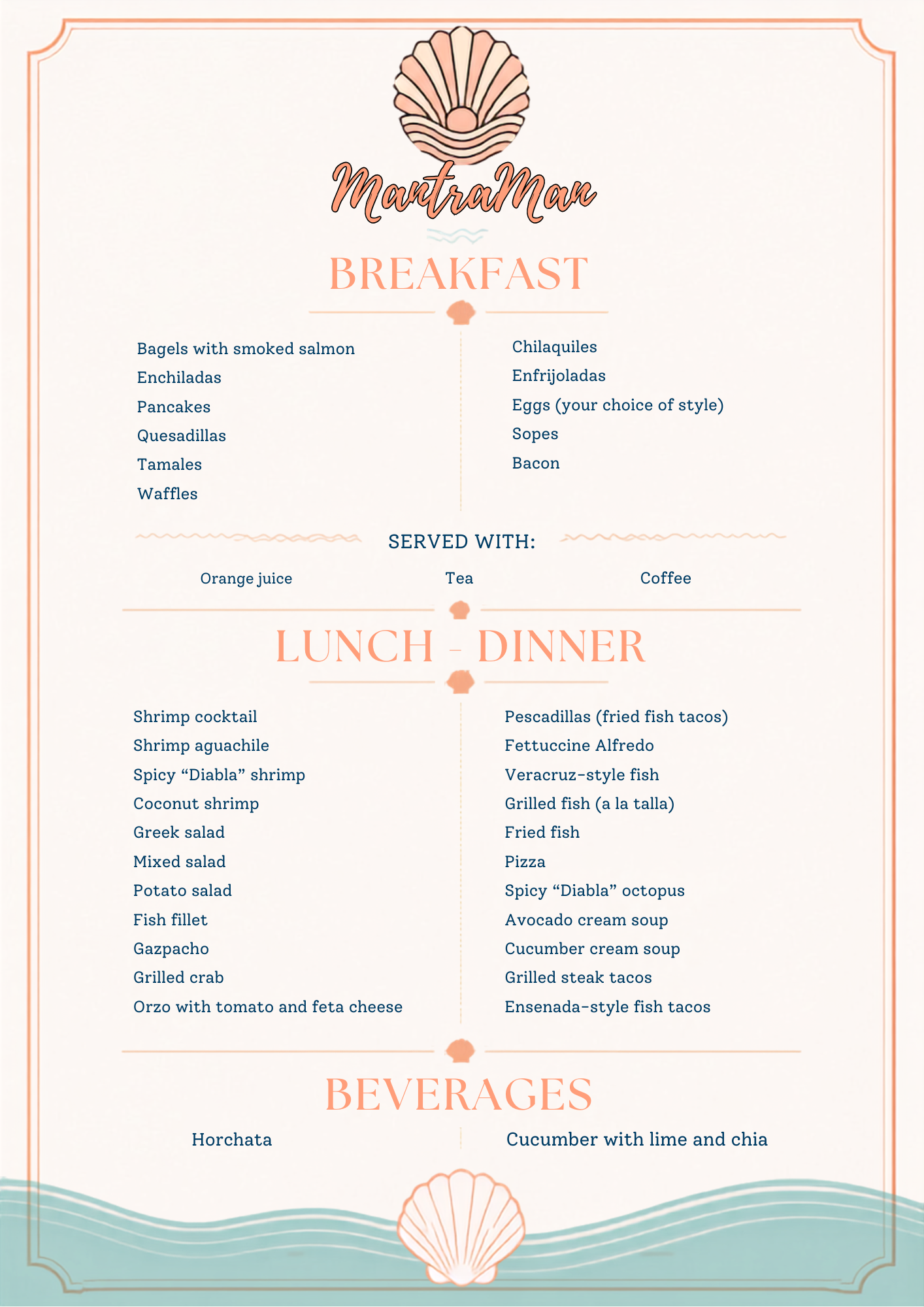 Beach-themed breakfast and lunch menu with various dishes listed, including seafood, salads, tacos, and beverages, on a decorative background with seashell illustrations.