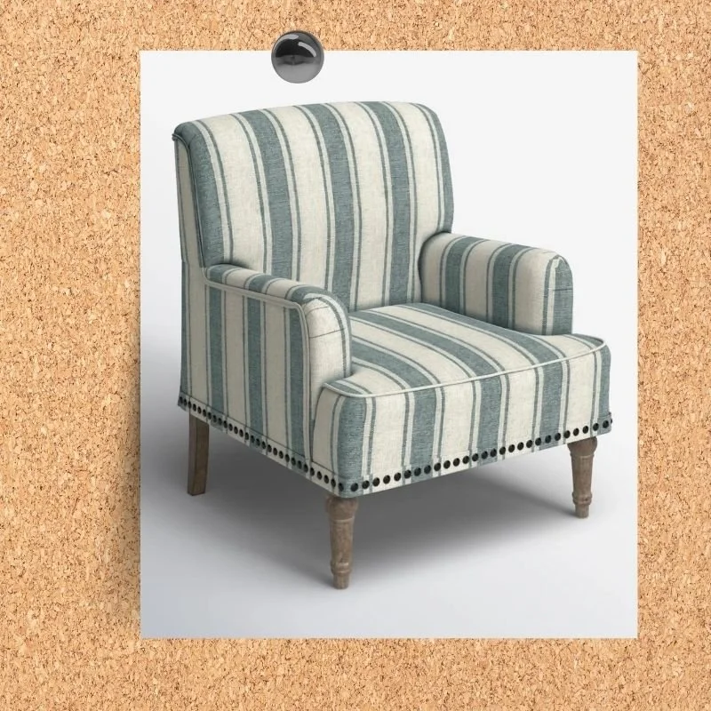 Sand & Stable Ariana striped armchair with wood legs and nailhead trim