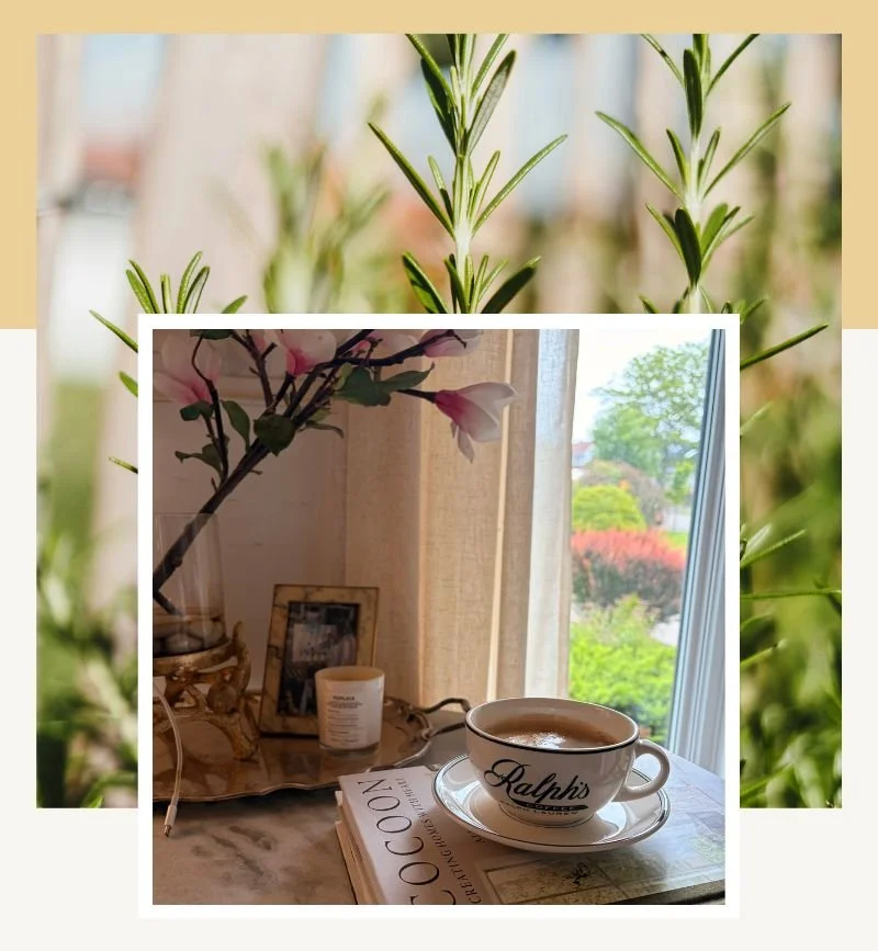 A quiet morning coffee by the window with garden views and fresh greenery.