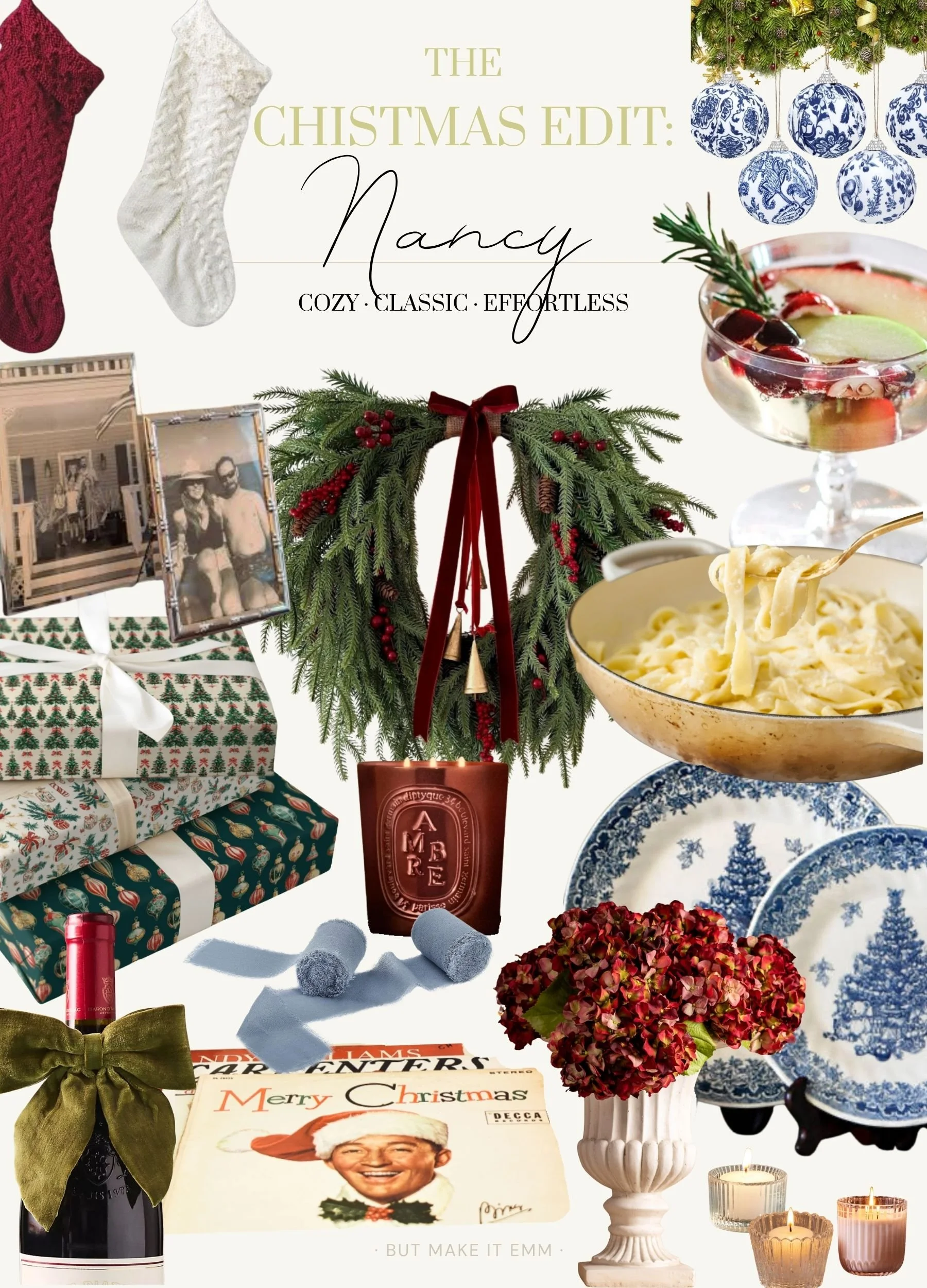 Cozy Christmas mood board inspired by Nancy Meyers featuring velvet stockings, a greenery wreath, blue and white ornaments, wrapped presents, festive cocktails, Christmas fettuccine and nostalgic holiday decor.