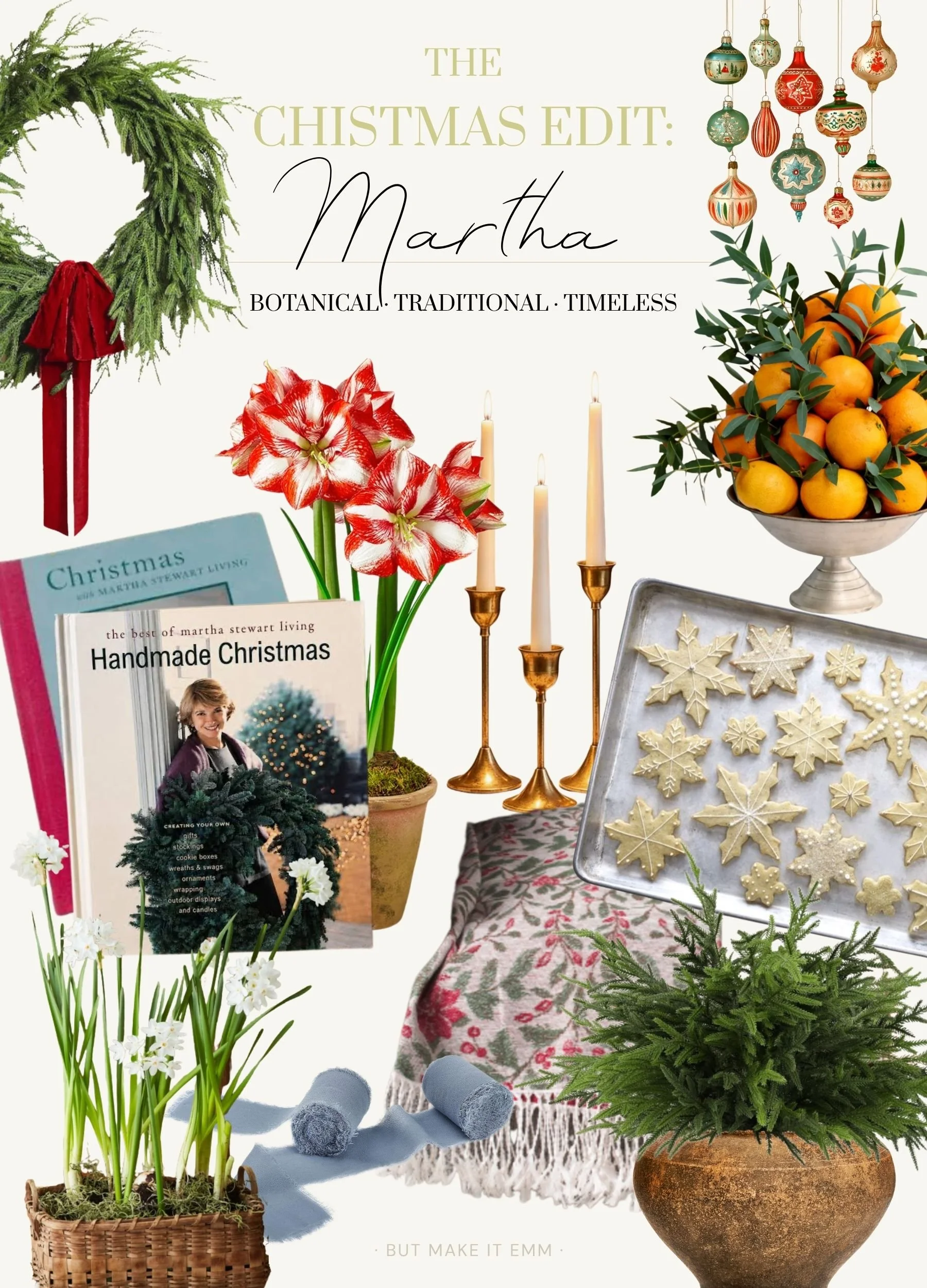 Christmas mood board inspired by Martha Stewart featuring a greenery wreath, vintage ornaments, red amaryllis, paperwhites, brass candlesticks, citrus centerpiece, sugar cookies and traditional holiday decor.