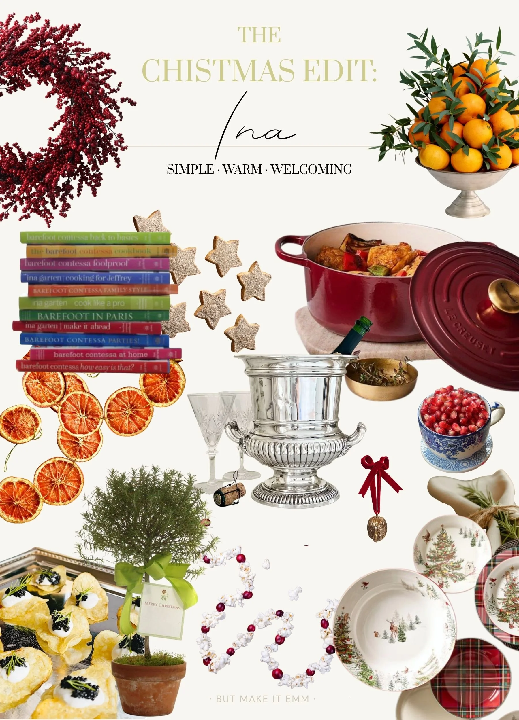 Cozy Christmas mood board inspired by Nancy Meyers featuring velvet stockings, a greenery wreath, blue and white ornaments, wrapped presents, festive cocktails, Christmas fettuccine and nostalgic holiday decor.