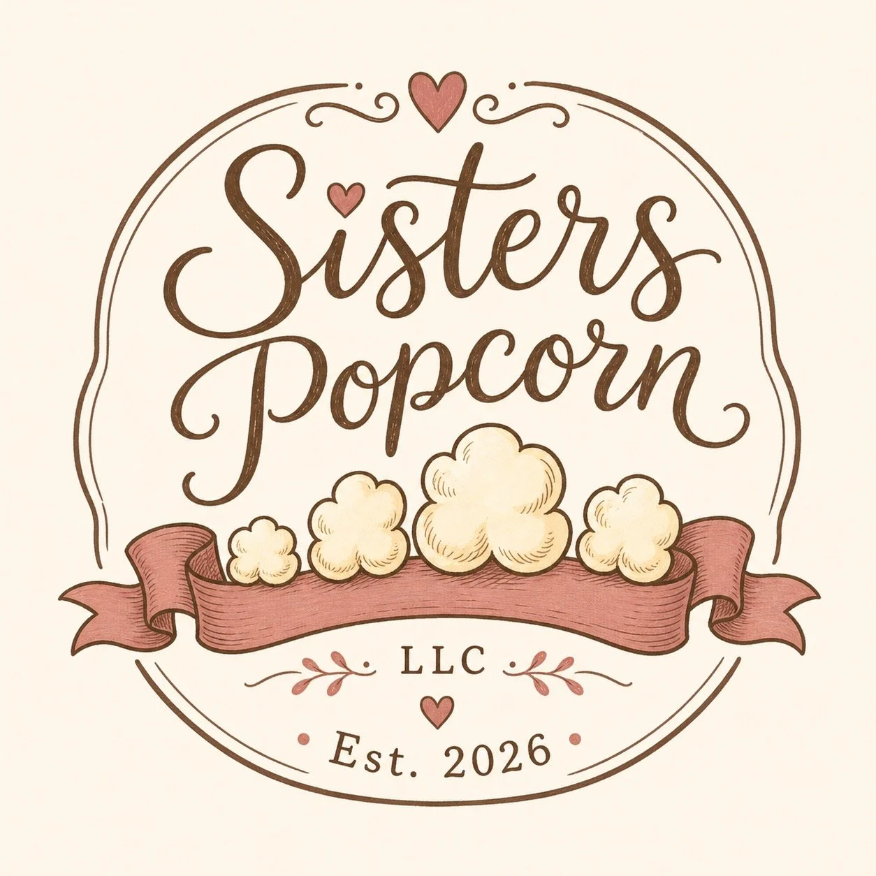 A logo for Sisters Popcorn LLC featuring illustrated popcorn, a pink ribbon banner, decorative hearts, and est. 2026.