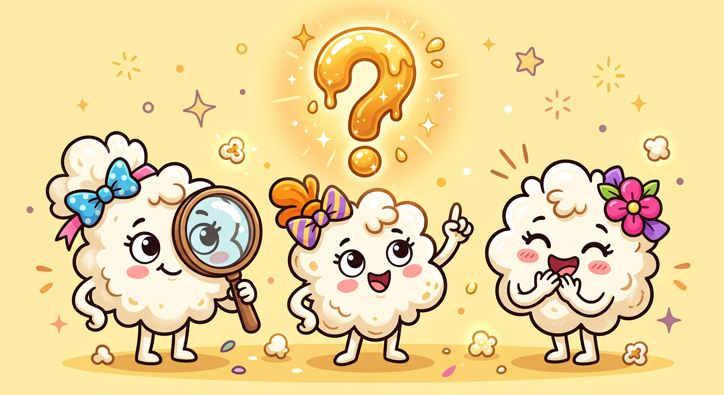 Three cartoon popcorn kernels with big eyes and smiles, one holding a magnifying glass, another pointing upwards at a large question mark made of caramel, and the third laughing, surrounded by colorful stars, sparkles, and confetti on a light yellow background.