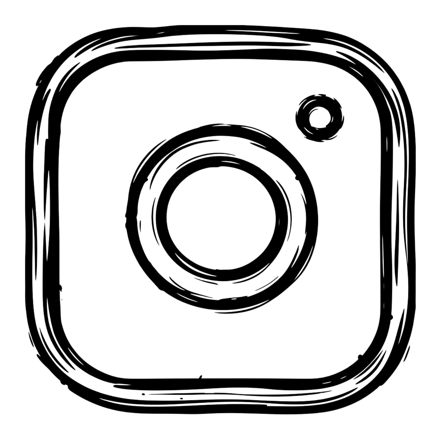 Outline drawing of a vintage camera with a large circular lens in the center and a small circular dial on the top right corner.