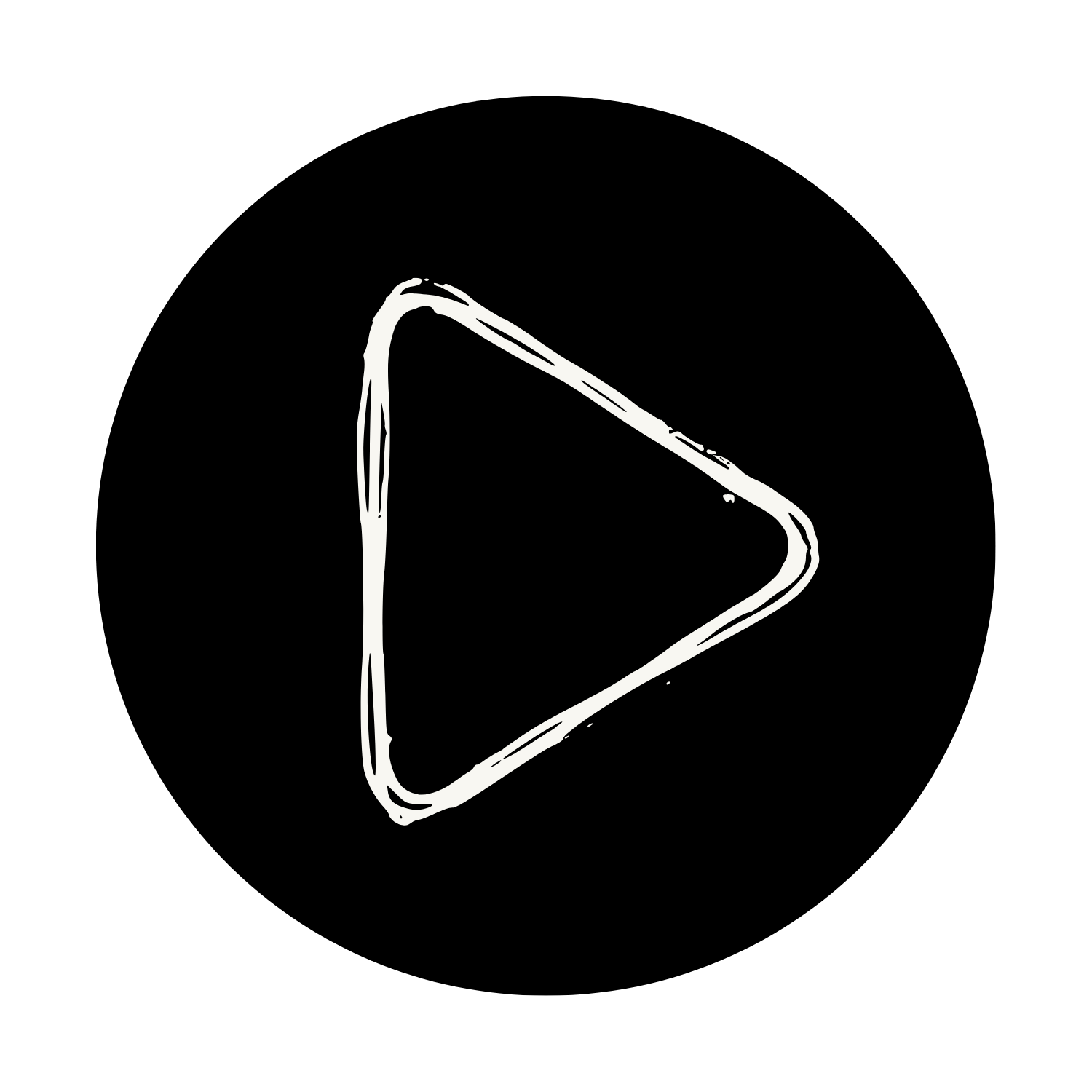 Drawn black and white play button icon with a rounded triangle shape.