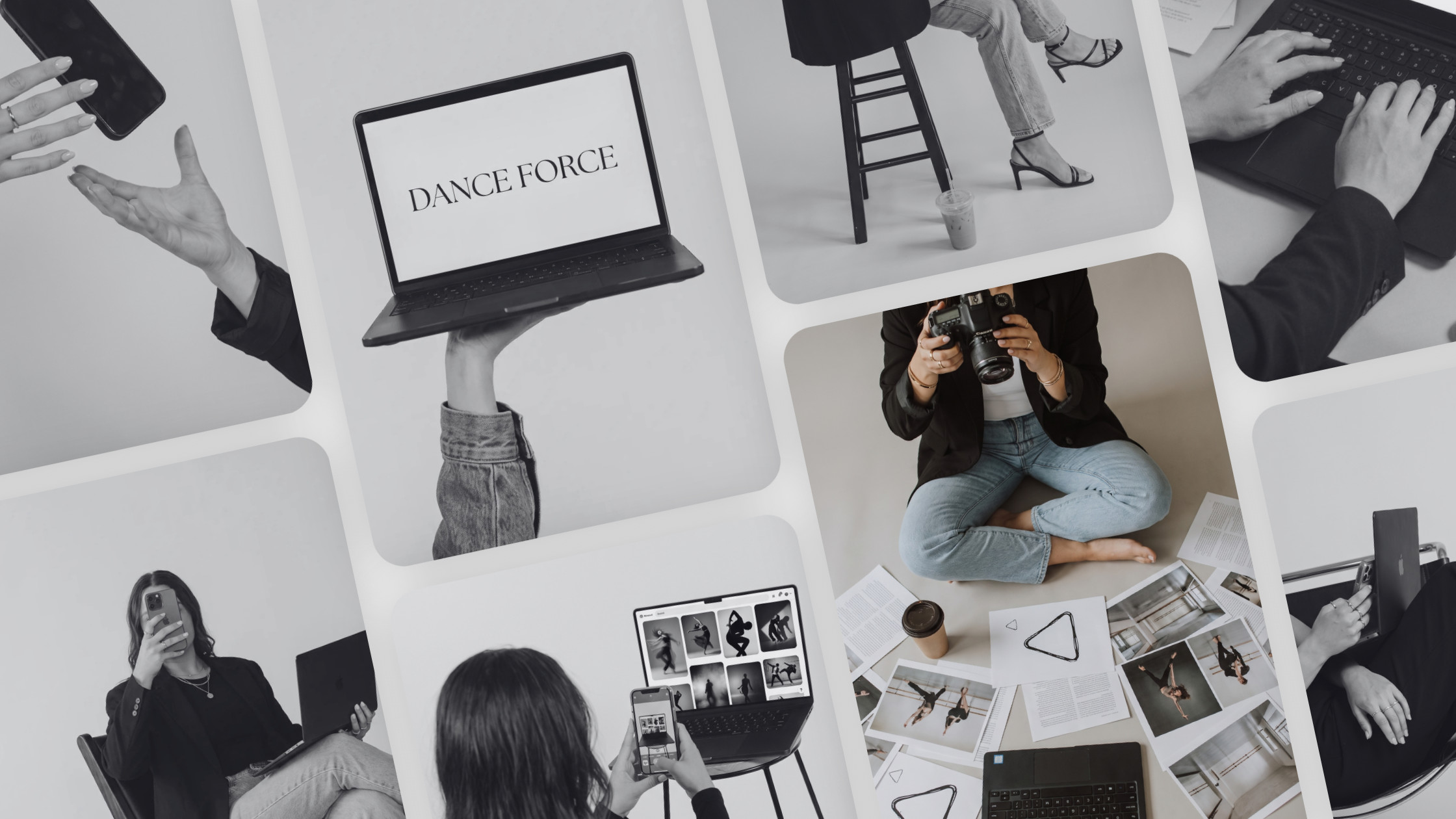 Collage of black and white photos showing people using digital devices, a photographer with a camera, a laptop with 'Dance Force' on the screen, and dancers.