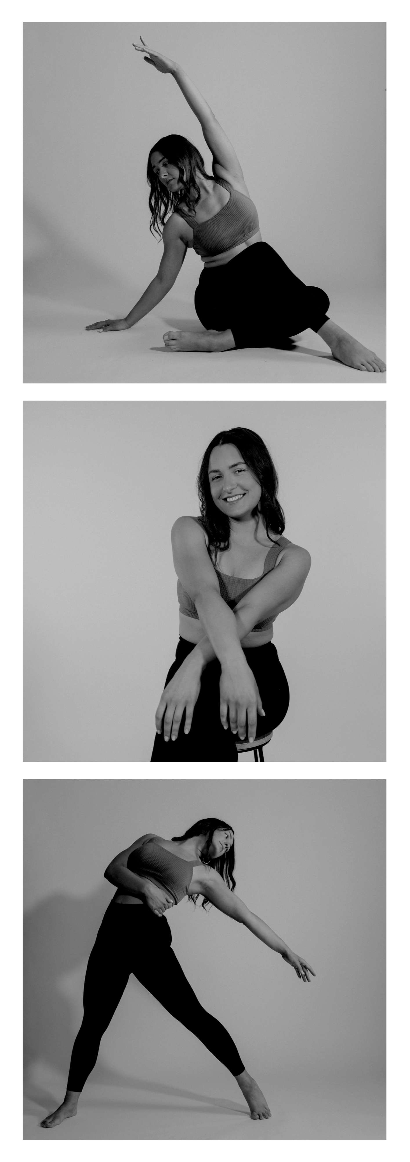 Black and white collage of three photos of a woman performing yoga poses and smiling, wearing a tank top and leggings.