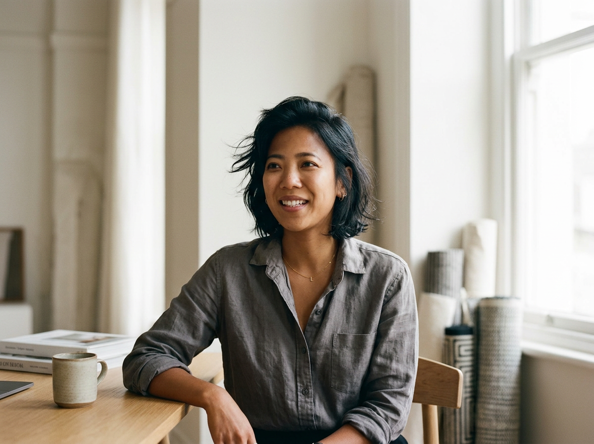 A woman with shoulder-length dark hair, wearing a gray button-up shirt, sitting at a wooden table in a bright room with large windows and white curtains, smiling and looking to the side.