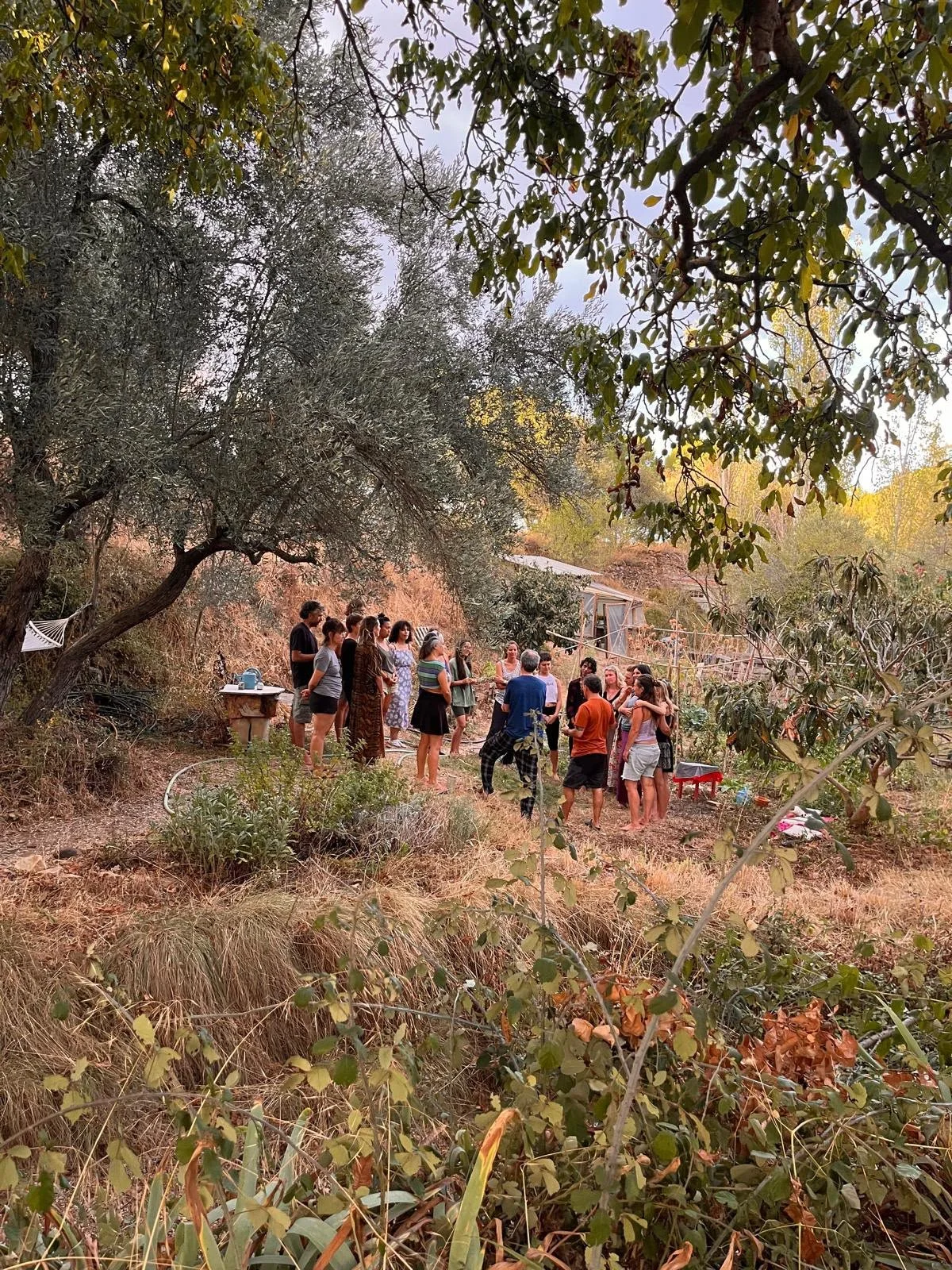 Group of people gathered outdoors in a natural setting with trees, dry grass, and a dirt path, appearing to be participating in a social or community event.