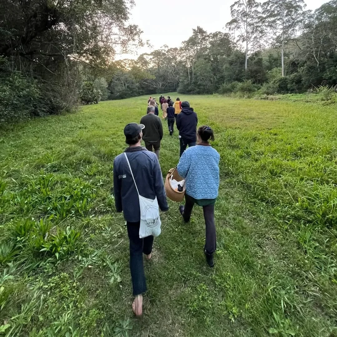 A group of people walking along a grassy trail through a lush green forest during daylight.