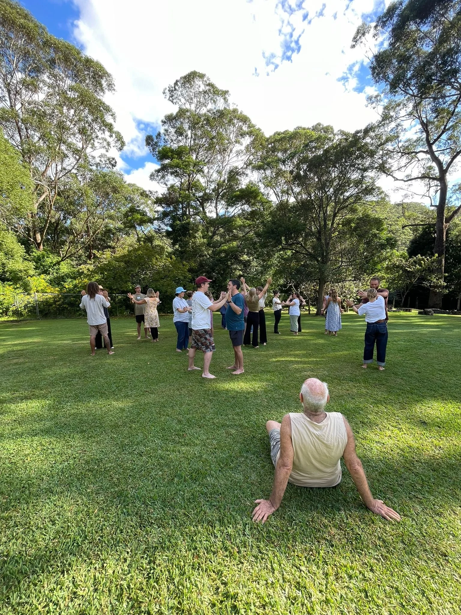 Group of people practicing Tai Chi outdoors in a park with lush green grass and tall trees under a partly cloudy sky. An elderly man is seated on the grass in the foreground observing others.