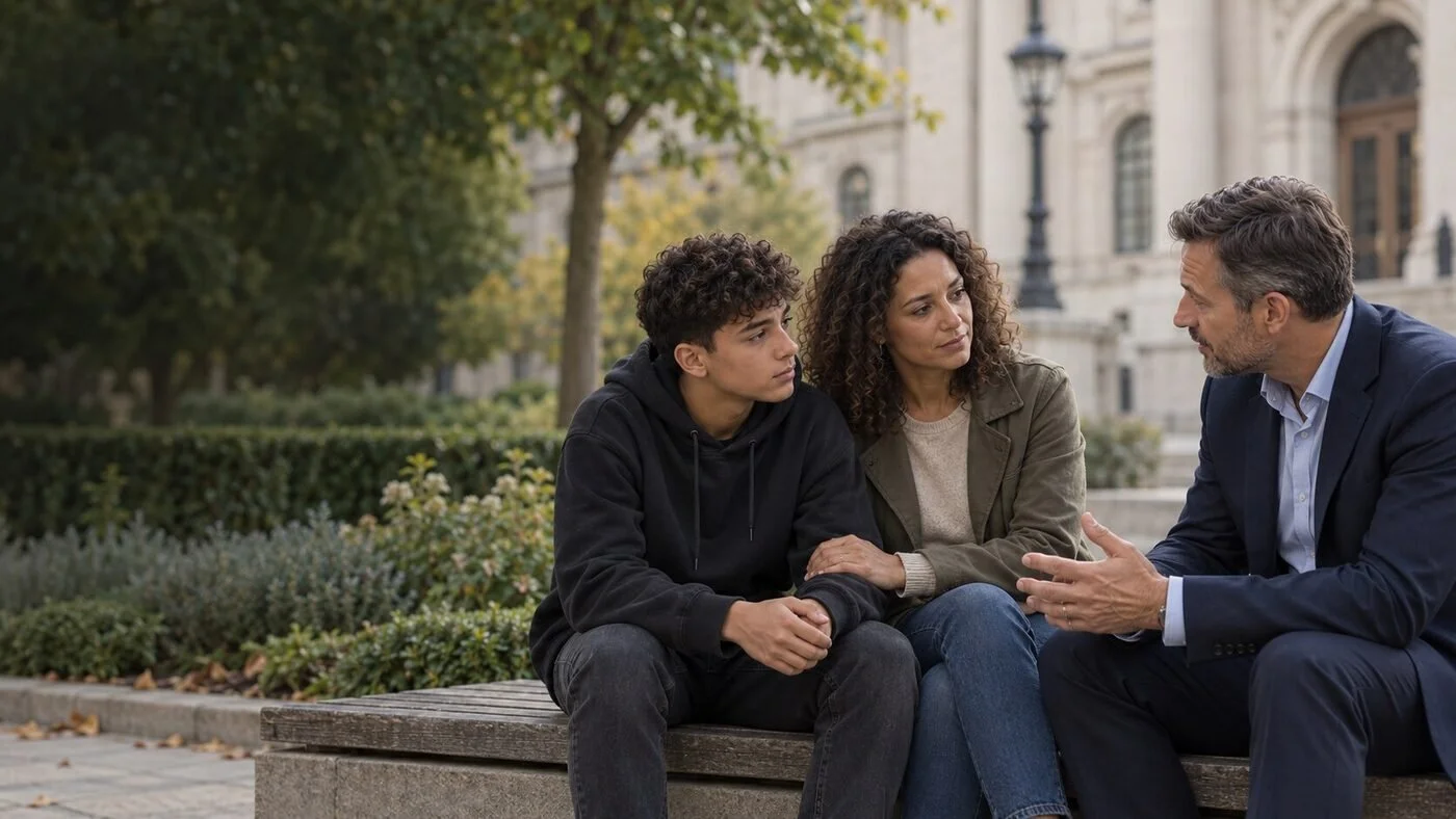 A mother and teenage son speaking with their solicitor outside a court