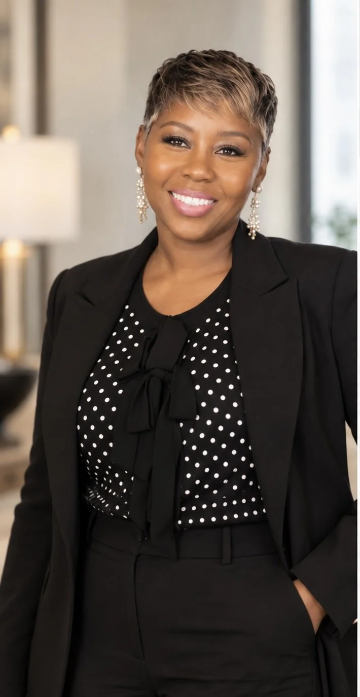 A woman with short, styled hair wearing a black blazer, black pants, a polka dot blouse with a bow, and long pearl earrings, smiling confidently indoors.