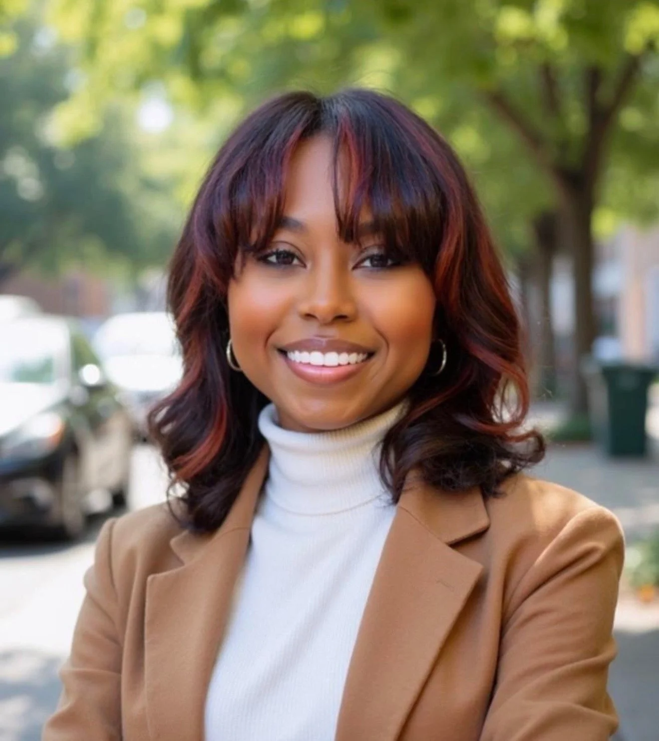 A woman with shoulder length dark hair with auburn highlights, wearing a white turtleneck and tan blazer, standing outdoors with trees and parked cars in the background, smiling at the camera.