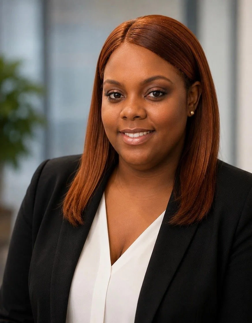 A professional woman with straight, shoulder-length red hair, wearing a black blazer over a white blouse, smiling in an office setting with blurred background and a plant.