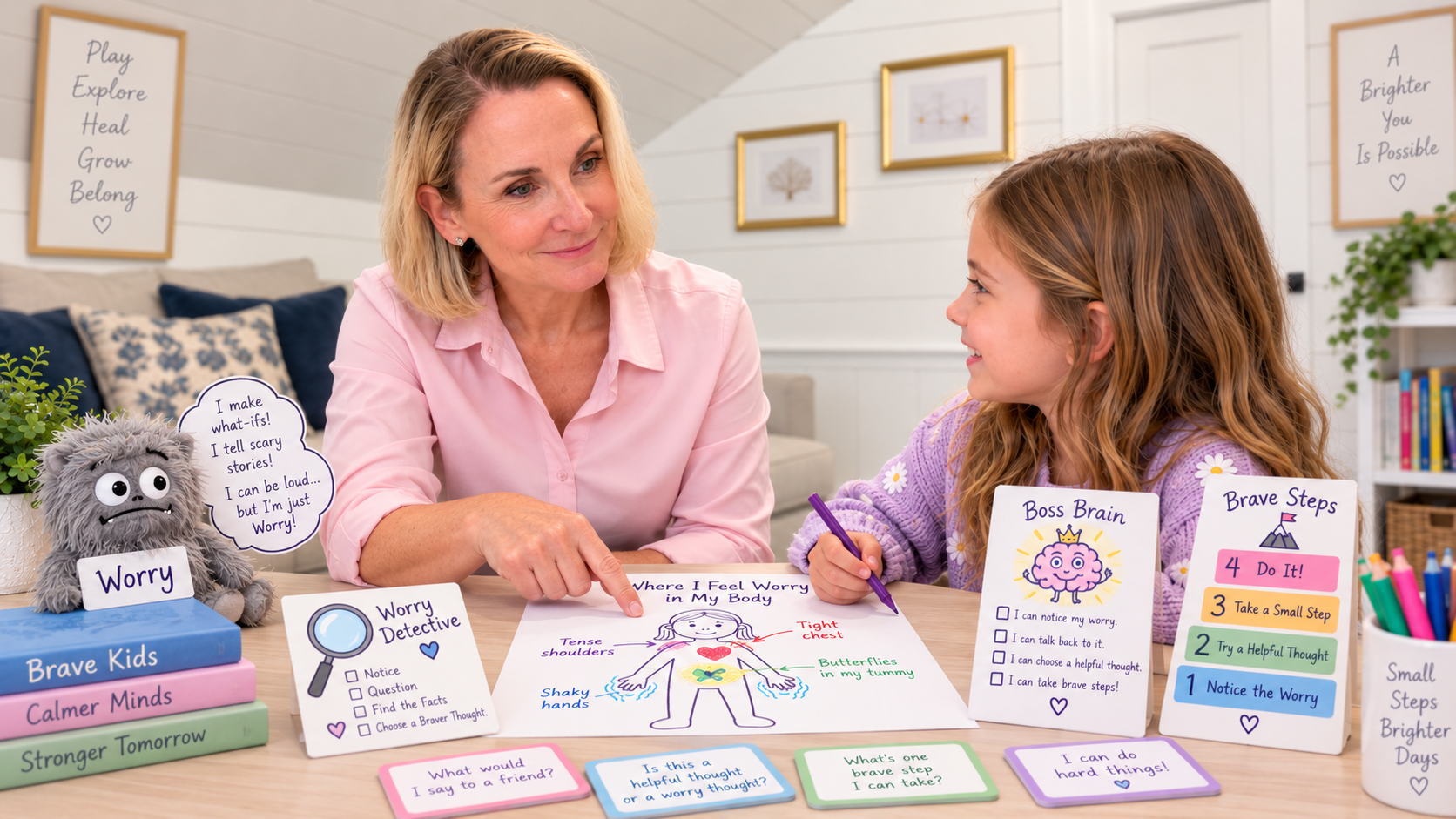 A woman and girl are sitting at a table engaged in a worry management activity, with educational materials, charts, and plush toys about handling worry and bravery around them.