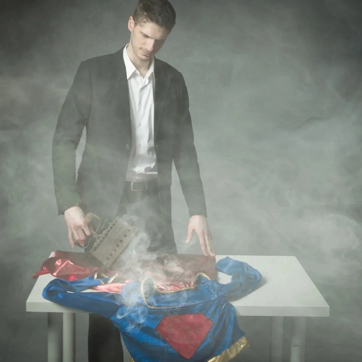 A man in a suit standing behind a table with smoke rising from a red and blue Superman cape, while holding a tool.